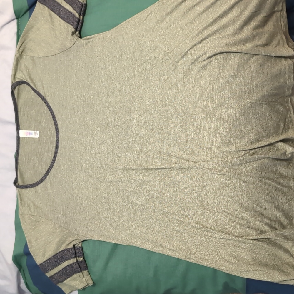Lularoe shirt, green with dark gray stripes on arms, XS baggy fit wide neck